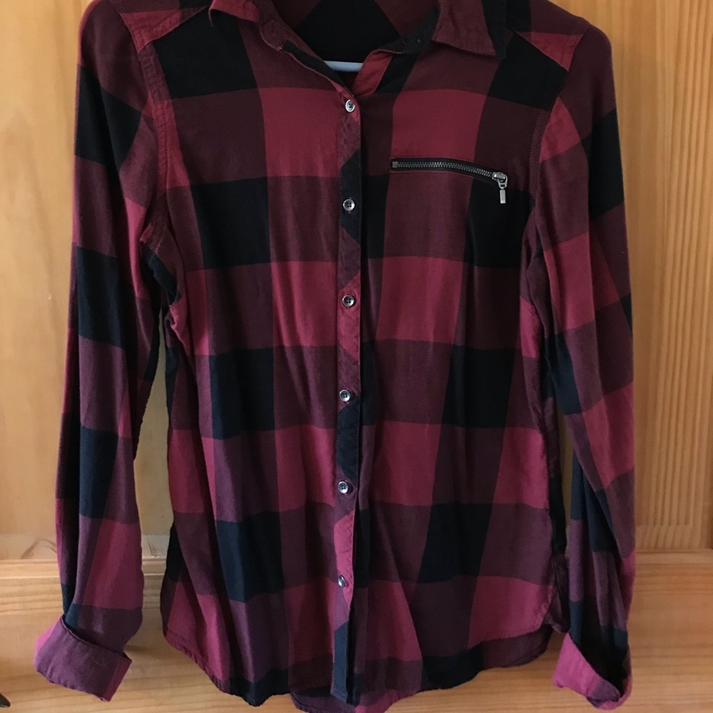 Maurices red and black button up w/zipper pocket.
